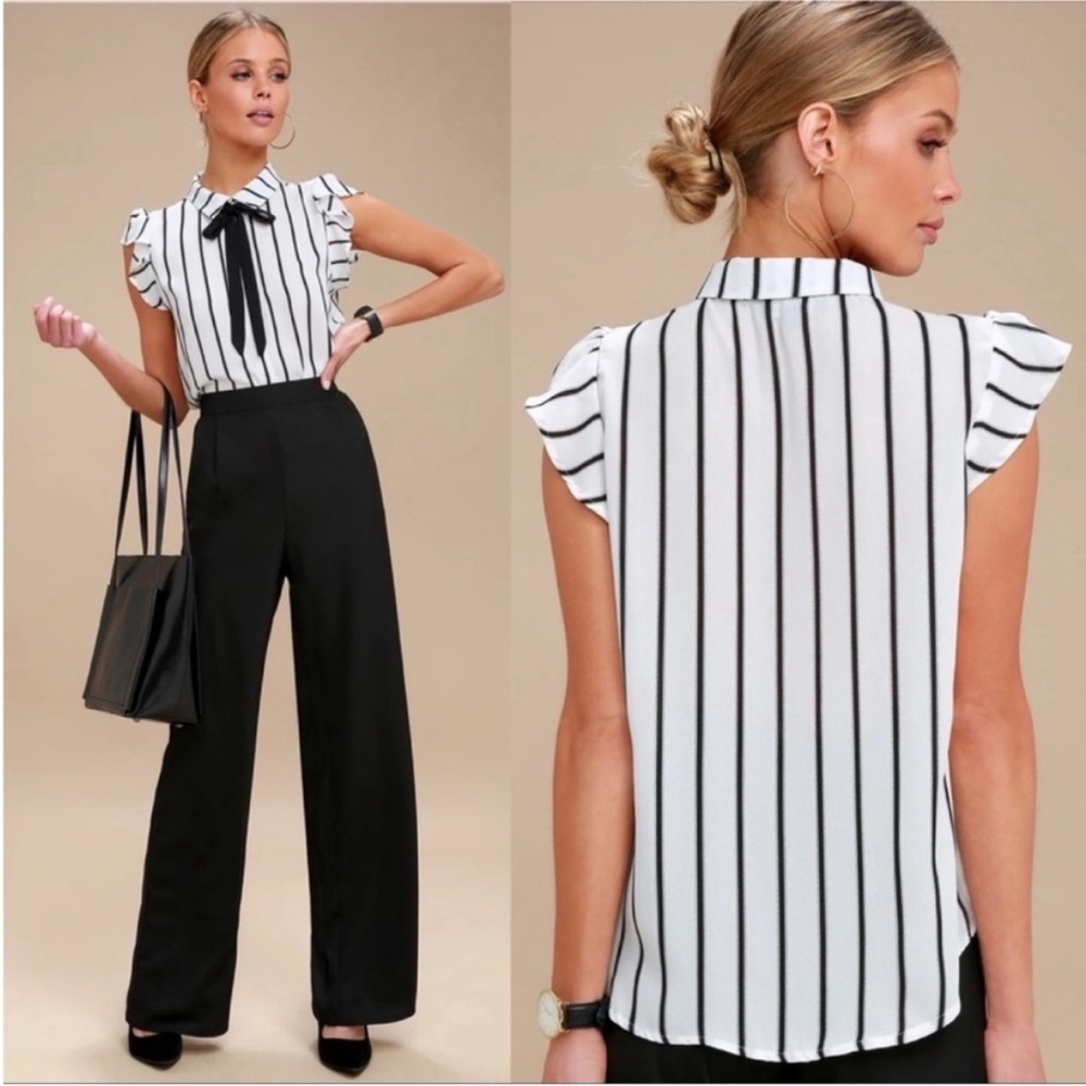 Lulus Burke Black & White Striped Tie Neck Blouse